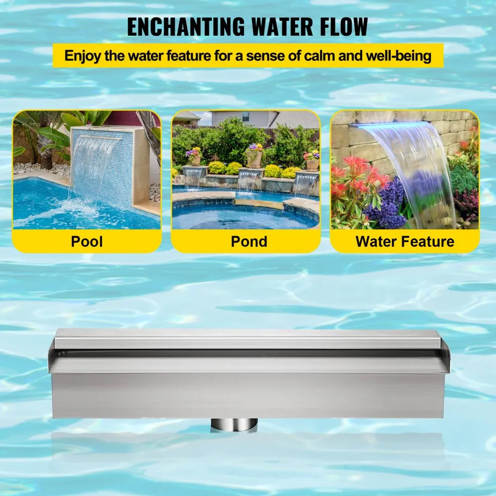VEVOR Pool Fountain Stainless Steel Pool Waterfall 11.8\" x 4.5\" x 3.1\"(W x D x H) with LED Strip Light Waterfall Spillway with Pipe Connector Rectangular Garden Outdoor