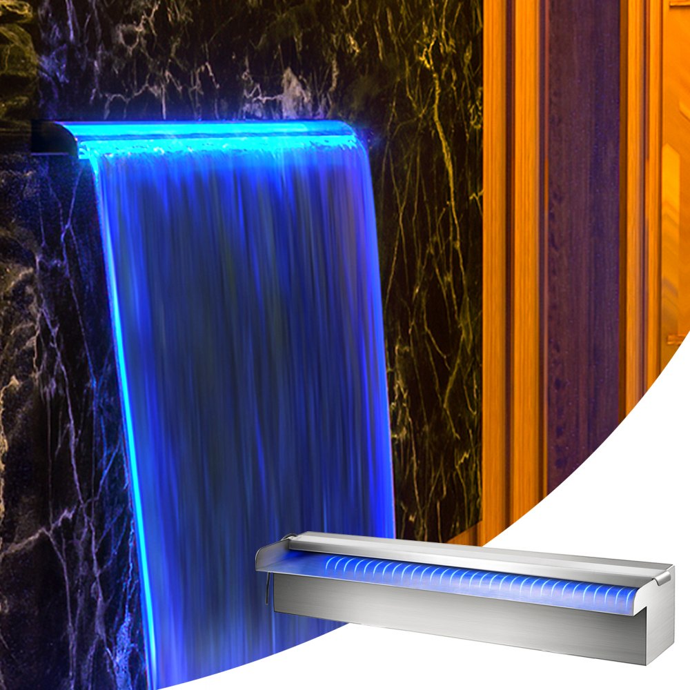 VEVOR Pool Fountain Stainless Steel Pool Waterfall 11.8\" x 4.5\" x 3.1\"(W x D x H) with LED Strip Light Waterfall Spillway with Pipe Connector Rectangular Garden Outdoor