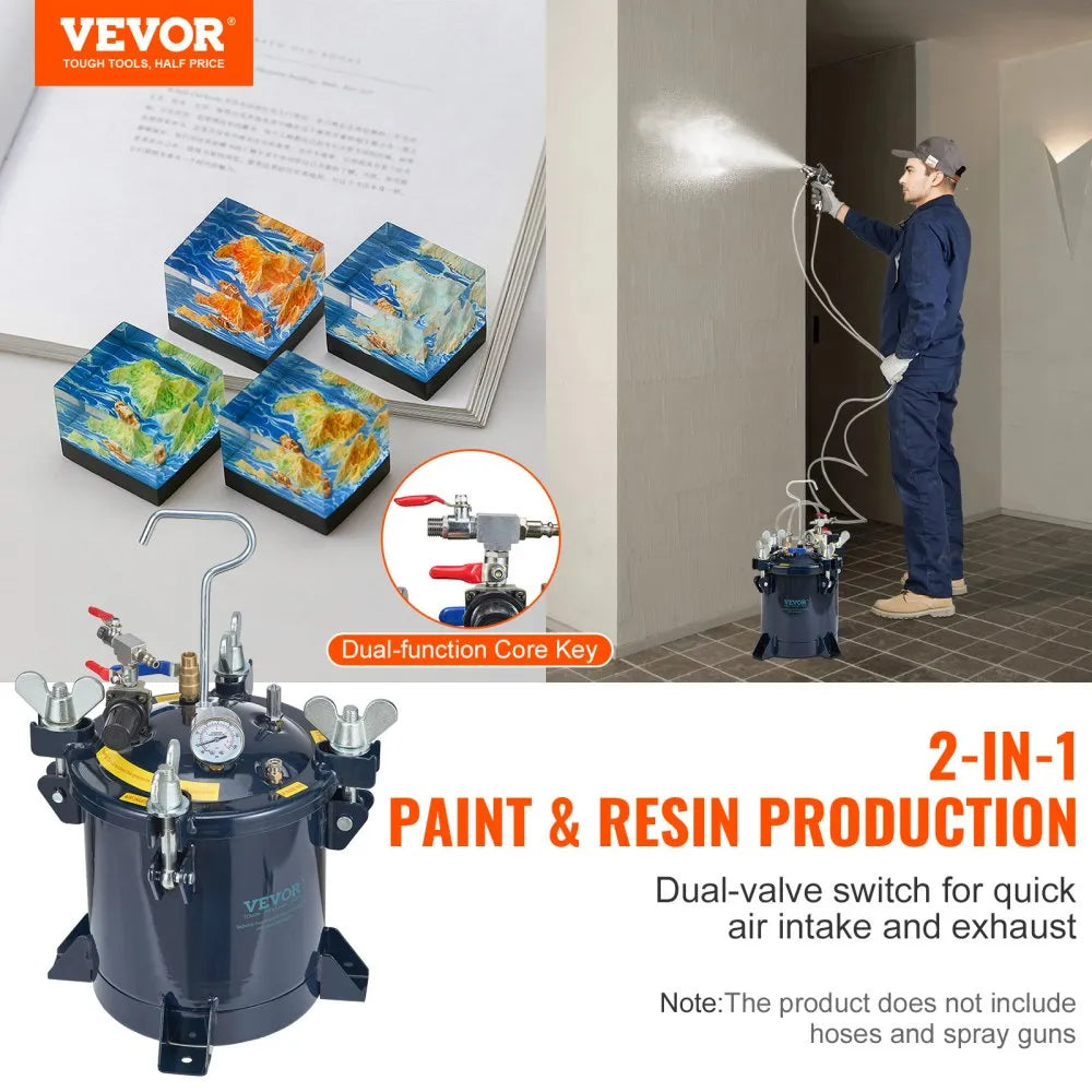 VEVOR 10L/2.5gal Spray Paint Pressure Pot Tank,  70PSI Max Air Paint Pressure Pot, Metal Rack and Leak Repair Sealant for Industry Home Decor Architecture Construction Automotive Painting