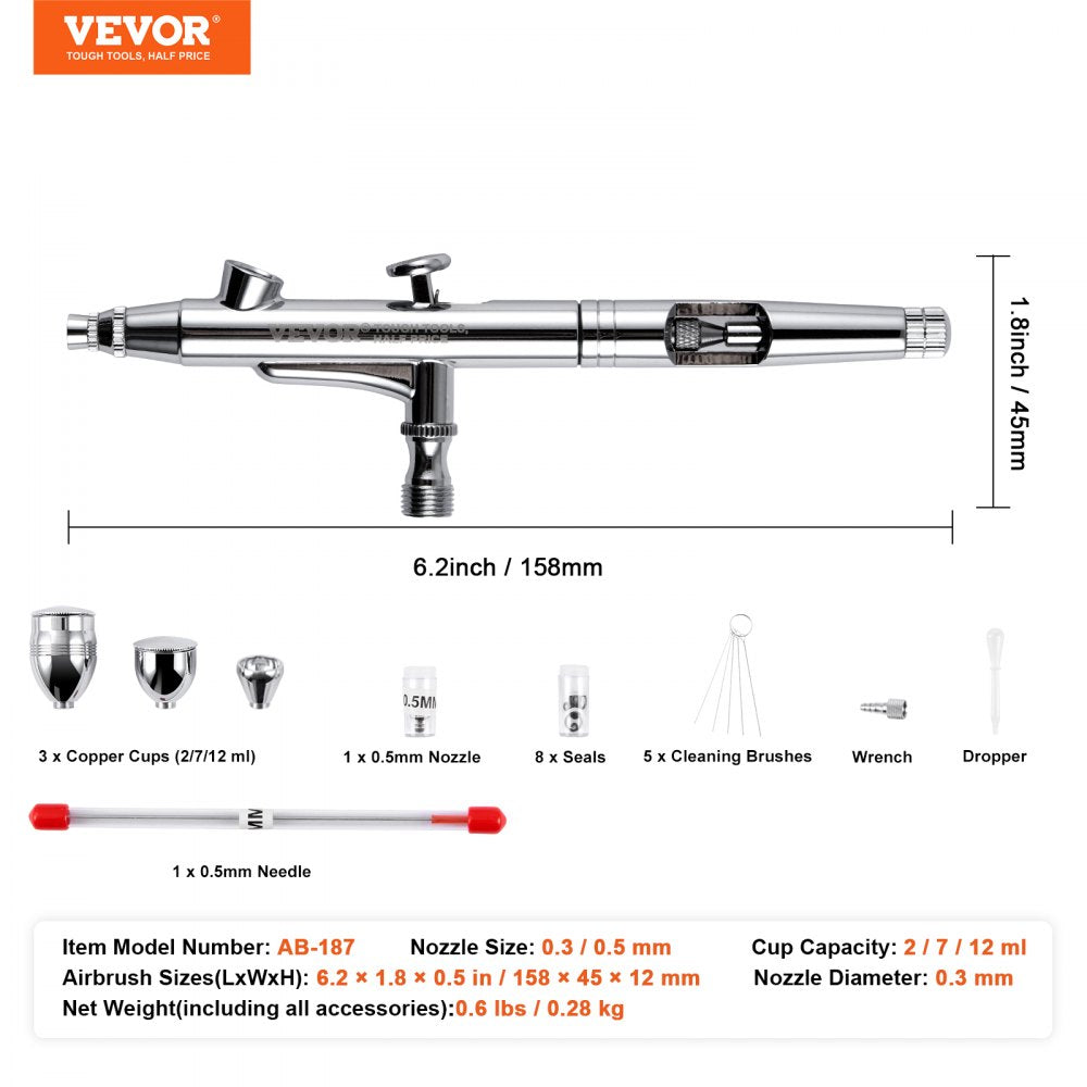 VEVOR Airbrush Gun, Dual Action Gravity Feed with 0.3 mm and 0.5 mm Nozzles, Airbrush Kit with 2/7/12ml Copper Cups and Cleaning Accessories, Ideal for Painting Models, Desserts, Cakes, and Nail Art