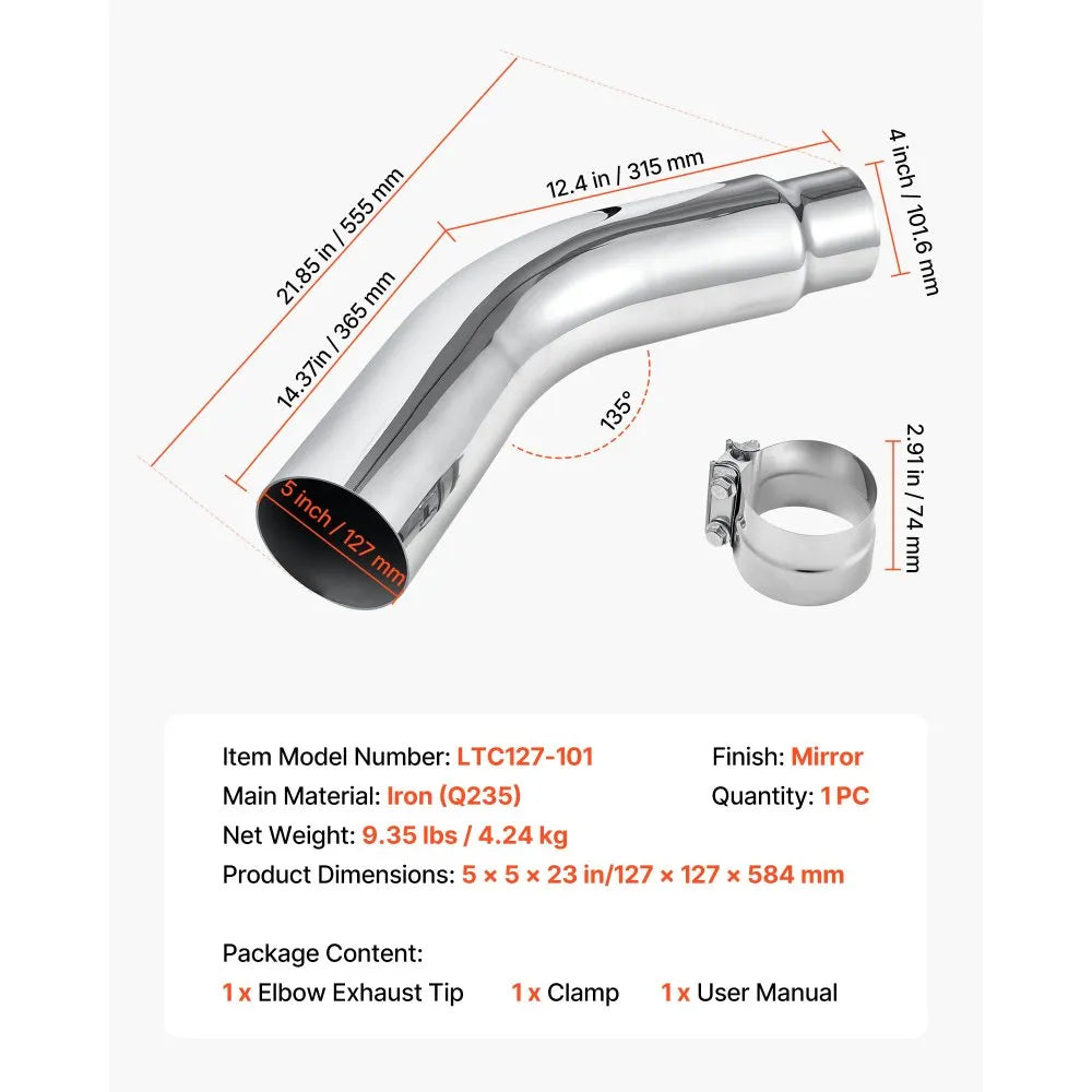 VEVOR Elbow Exhaust Tip, 4 Inch Inlet, 5 Inch Outlet, 23 in Overall Length, Chrome Turn Down Exhaust Tip with Clamp for Truck, Sedan, Sports Car, SUV, Chrome Structure for High Temperature Resistance