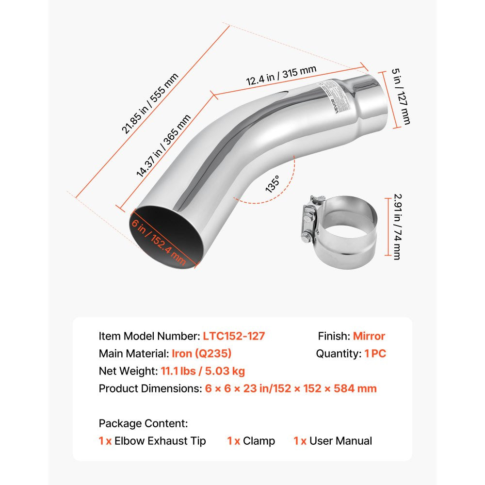 VEVOR Elbow Exhaust Tip, 5 Inch Inlet, 6 Inch Outlet, 23 in Overall Length, Chrome Turn Down Exhaust Tip with Clamp for Truck, Sedan, Sports Car, SUV, Chrome Structure for High Temperature Resistance