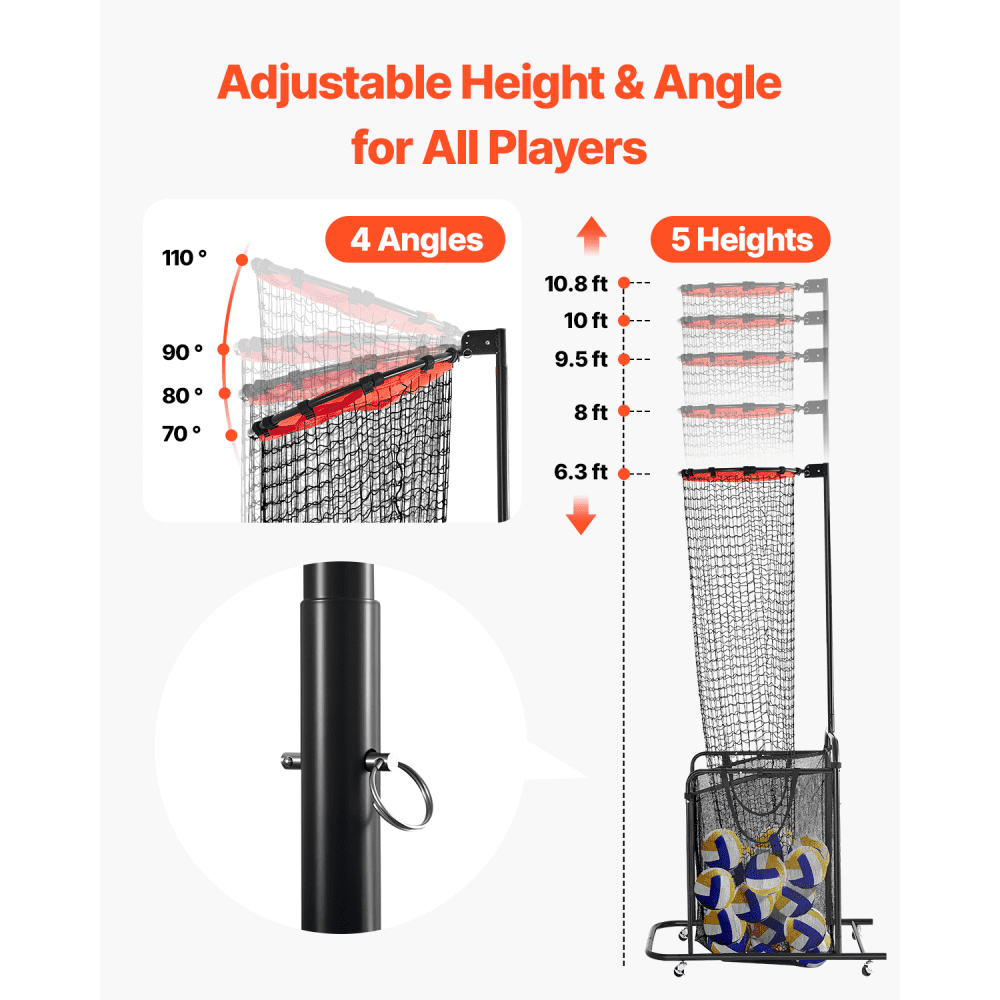 VEVOR Volleyball Setter Training Equipment, Angle and Height Adjustable Volleyball Trainer, Portable Practice Net with Cart, Wheels, Carrying Bag, Indoor Outdoor Target Net for Serving Spiking Setting