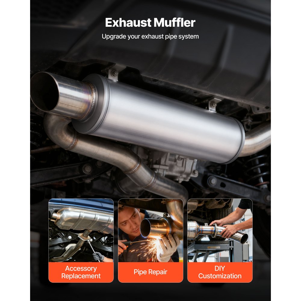 VEVOR Exhaust Muffler, 4 Inch Inlet & Outlet, 30 Inch Overall Length Stainless Steel Exhaust Tip, Universal Resonator Round Body, High Performance for Trucks, Sedans, Sports Cars, SUVs & Daily Drivers