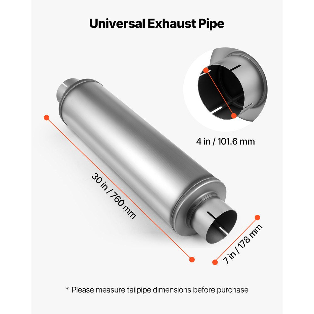 VEVOR Exhaust Muffler, 4 Inch Inlet & Outlet, 30 Inch Overall Length Stainless Steel Exhaust Tip, Universal Resonator Round Body, High Performance for Trucks, Sedans, Sports Cars, SUVs & Daily Drivers
