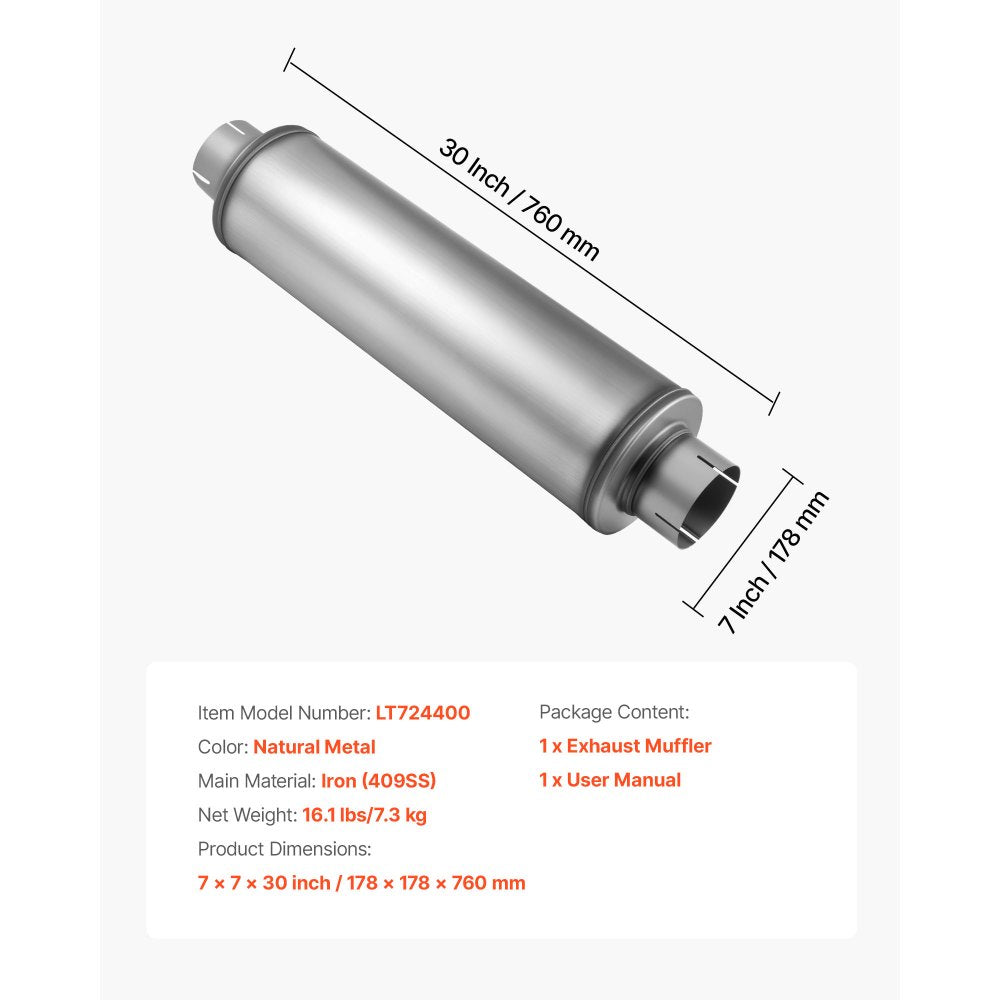 VEVOR Exhaust Muffler, 4 Inch Inlet & Outlet, 30 Inch Overall Length Stainless Steel Exhaust Tip, Universal Resonator Round Body, High Performance for Trucks, Sedans, Sports Cars, SUVs & Daily Drivers