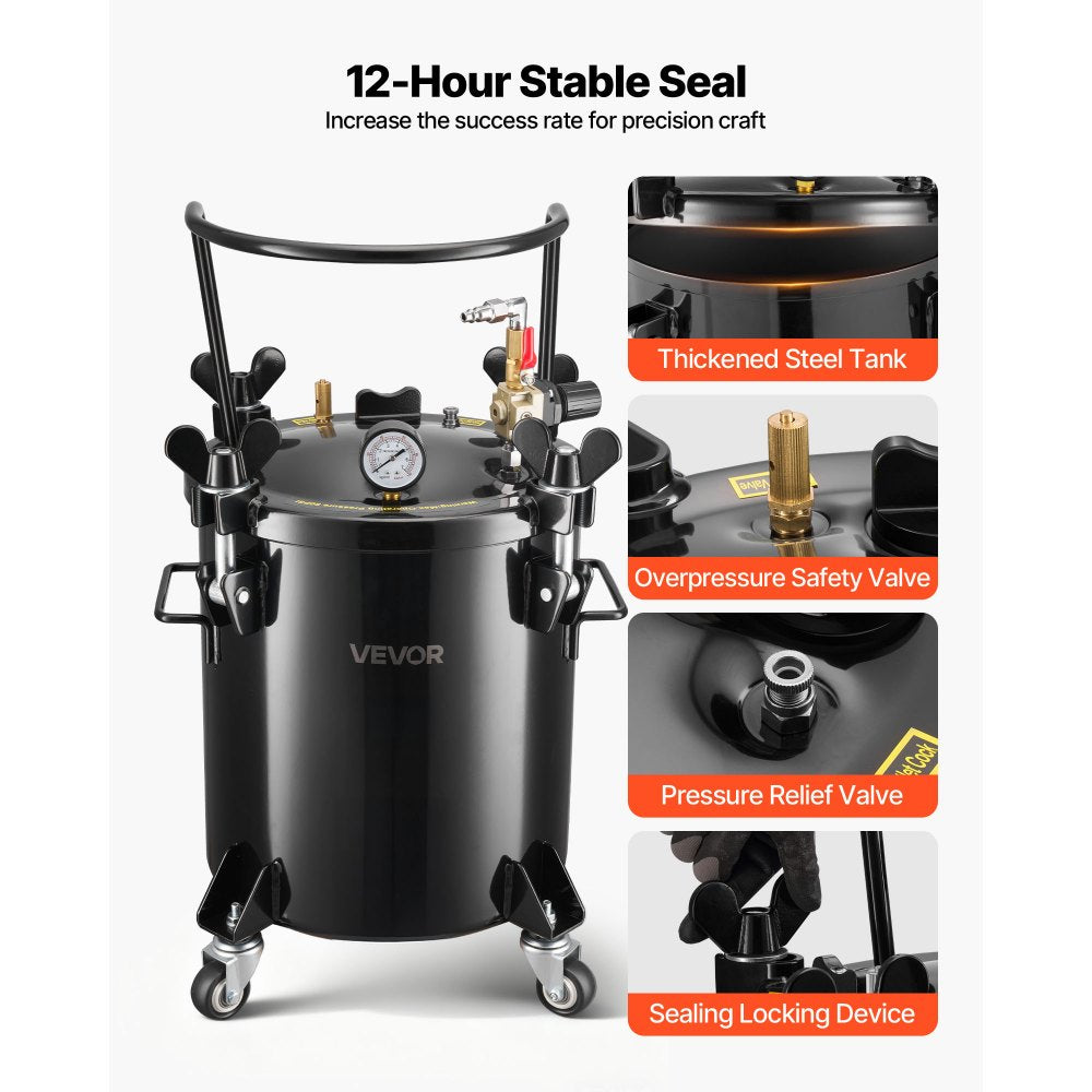 VEVOR Pressure Pot Tank, 5.3 Gal/20 L Heavy Duty Steel Air Tool Pressure Pot, Pressures Pots with Three Quick-Connect Couplers for Home Use, DIY, Art Creations, Large-Diameter Tank