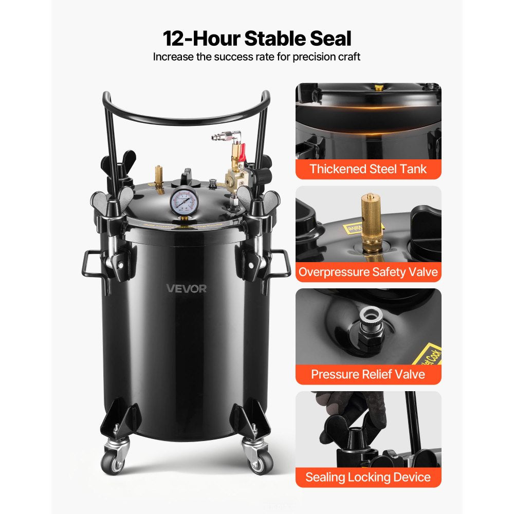 VEVOR Pressure Pot Paint Tank - stable seal and safety valve details