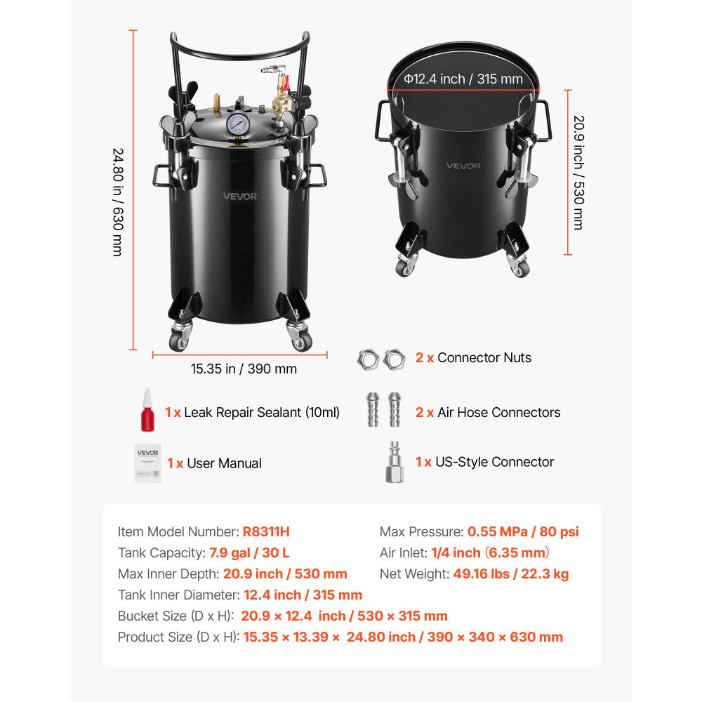 VEVOR Pressure Pot Paint Tank - dimensions and included accessories overview