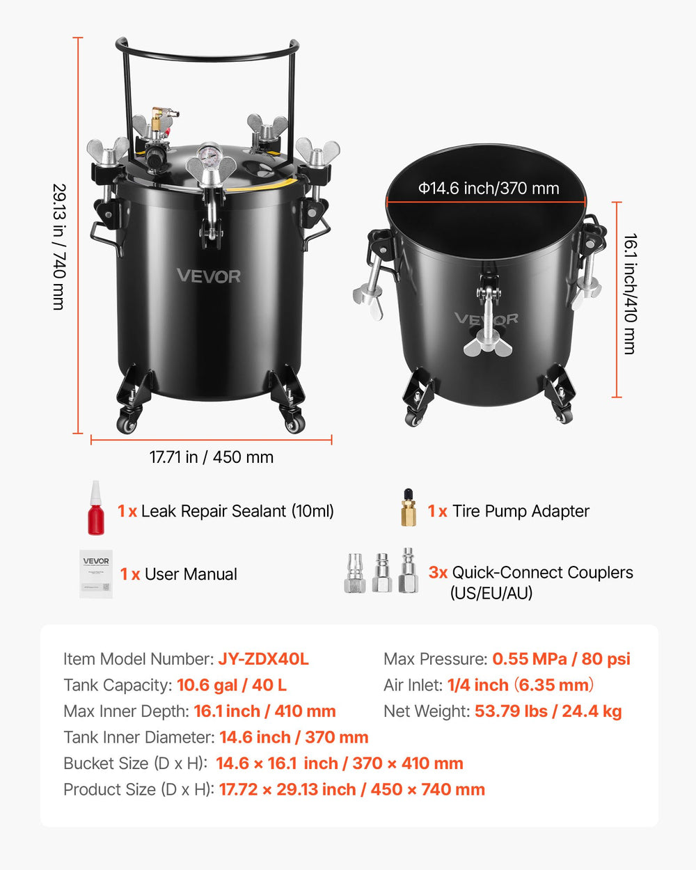 VEVOR Pressure Pot Paint Tank - dimensions and package contents overview