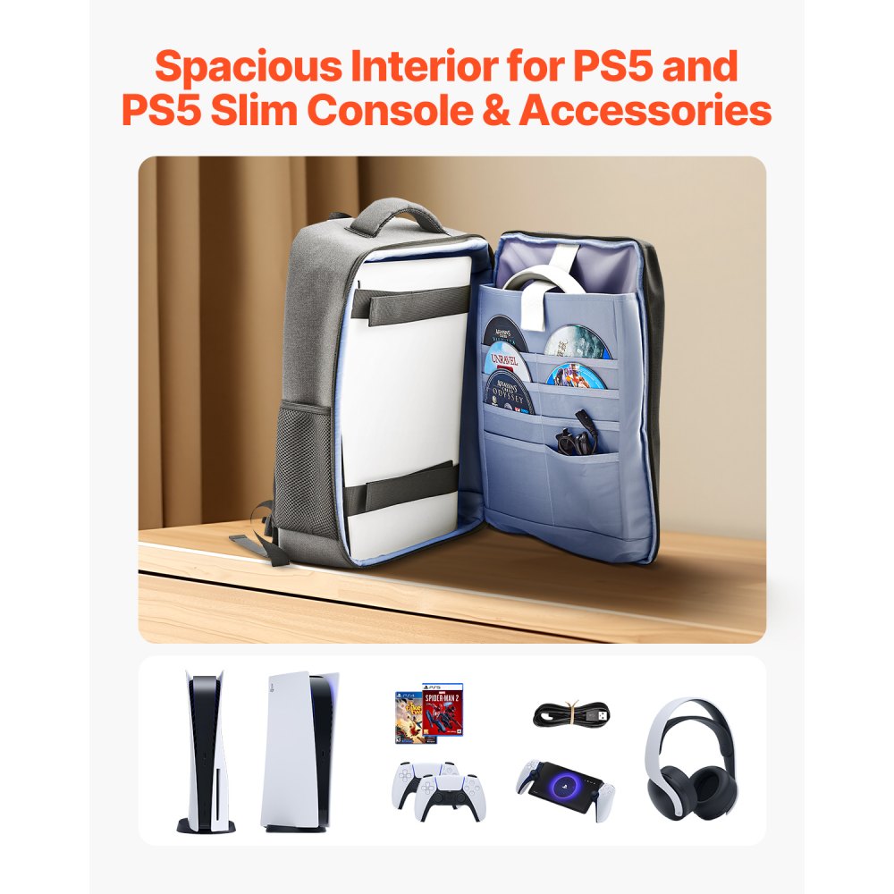 VEVOR PS5 Backpack, Dual Shoulder Travel Bag for Playstation 5 & PS5 Slim Waterproof Nylon, Soft Interior Lining & Padded Dividers for Extra Protection, Spacious Design with Carry Handle for Storage