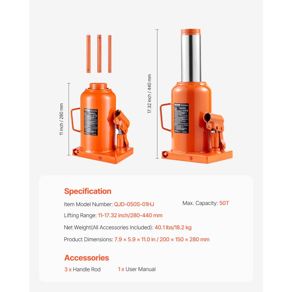 VEVOR Hydraulic Bottle Jack, 50 Ton/110231 lbs Welded Bottle Jack with 11''-17.32'' Lifting Range & 3-Section Long Handle, for Car, Pickup, Truck, RV, Auto Repair, Industrial Engineering