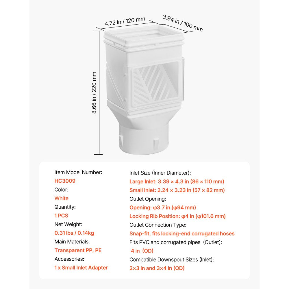 VEVOR Gutter Downspouts, Downspout Diverter Rainwater Collection System Fits for 2x3 or 3x4 Inch Standard Inlet and Φ4inch Outlet, Flexible Rain Water Barrel Kit with Mesh Screen & Transparent, White