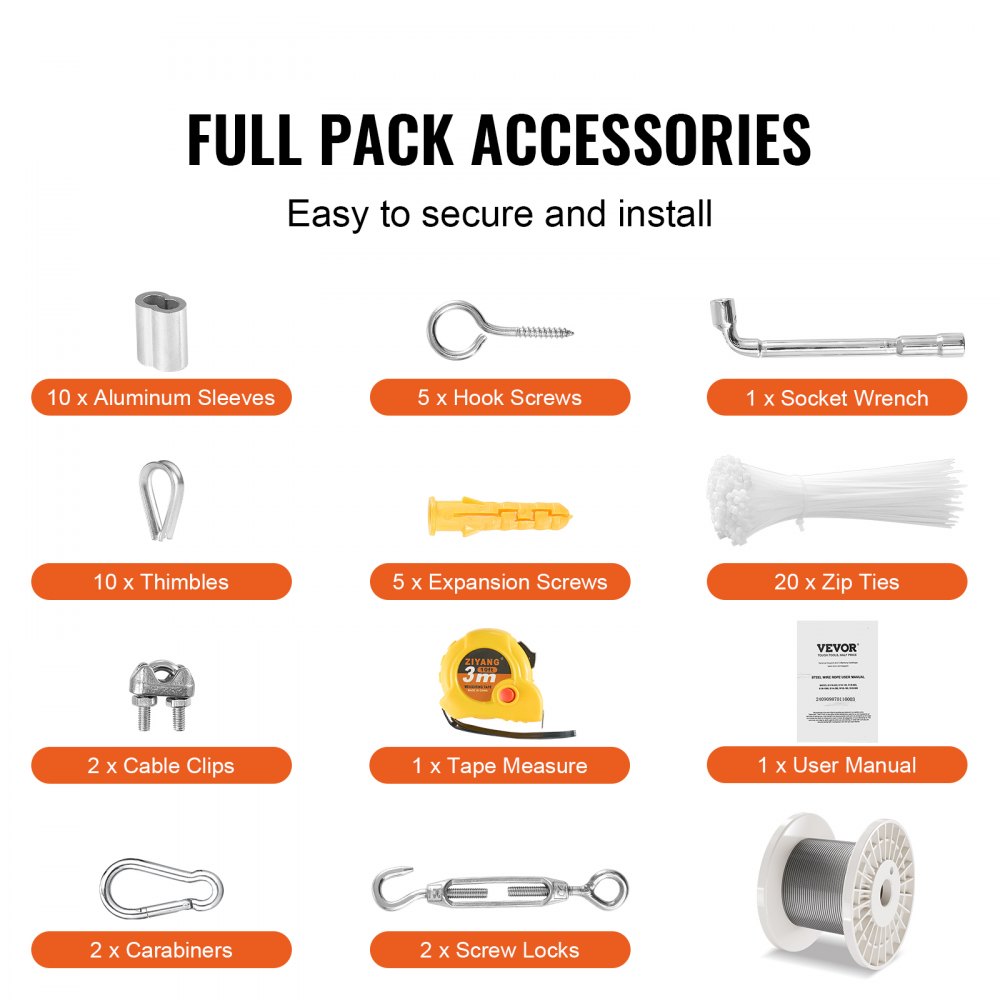 VEVOR Wire Rope Kit, 1/8" 100 ft 304 Stainless Steel Cable with 59 Accessories, 650 lbs Breaking Strength, 7x7 Strands Construction Marine Aircraft Grade for Handrail Stair Decking Fence Outdoors