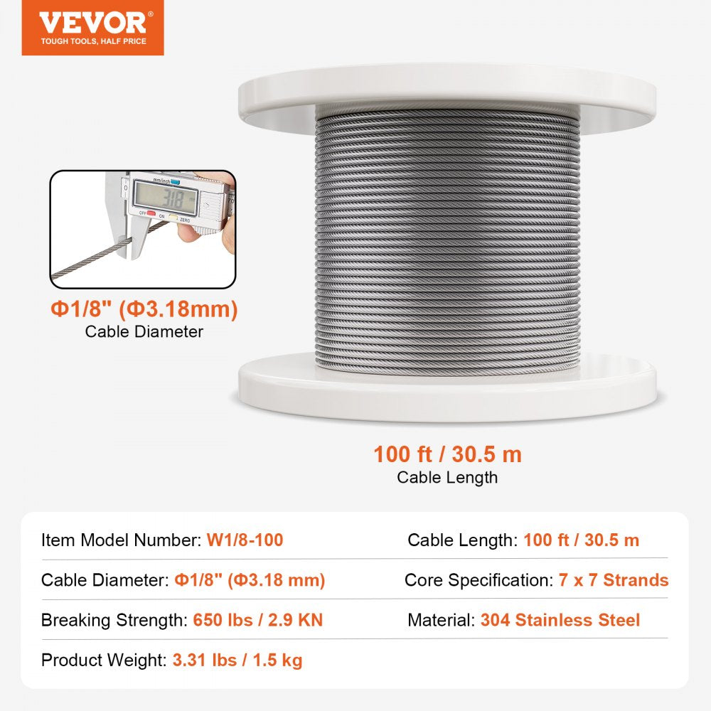VEVOR Wire Rope Kit, 1/8" 100 ft 304 Stainless Steel Cable with 59 Accessories, 650 lbs Breaking Strength, 7x7 Strands Construction Marine Aircraft Grade for Handrail Stair Decking Fence Outdoors