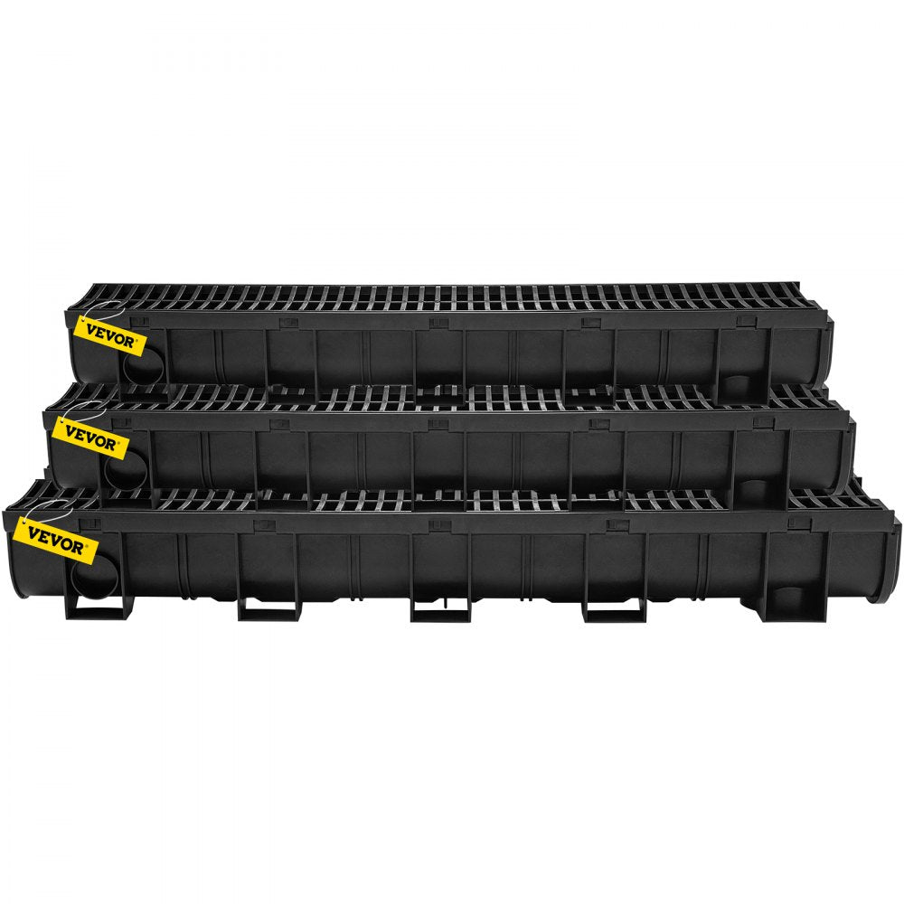 VEVOR Trench Drain System, Channel Drain with Plastic Grate, 5.9x5.1-Inch HDPE Drainage Trench, Black Plastic Garage Floor Drain, 6x39 Trench Drain Grate, with 6 End Caps, for Garden, Driveway-6 Pack