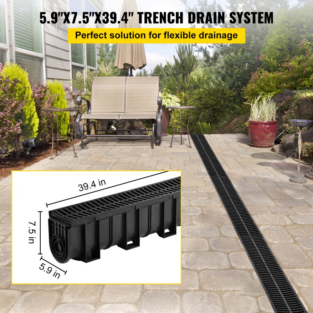 VEVOR Trench Drain System, Channel Drain with Plastic Grate, 5.9x7.5-Inch HDPE Drainage Trench, Black Plastic Garage Floor Drain, 4x39 Trench Drain Grate, with 4 End Caps, for Garden, Driveway-4 Pack
