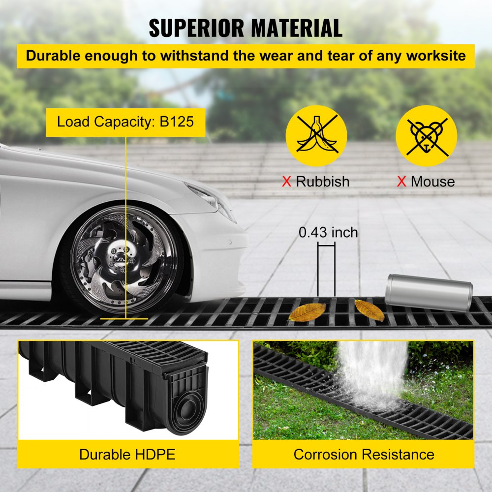 VEVOR Trench Drain System, Channel Drain with Plastic Grate, 5.9x7.5-Inch HDPE Drainage Trench, Black Plastic Garage Floor Drain, 4x39 Trench Drain Grate, with 4 End Caps, for Garden, Driveway-4 Pack