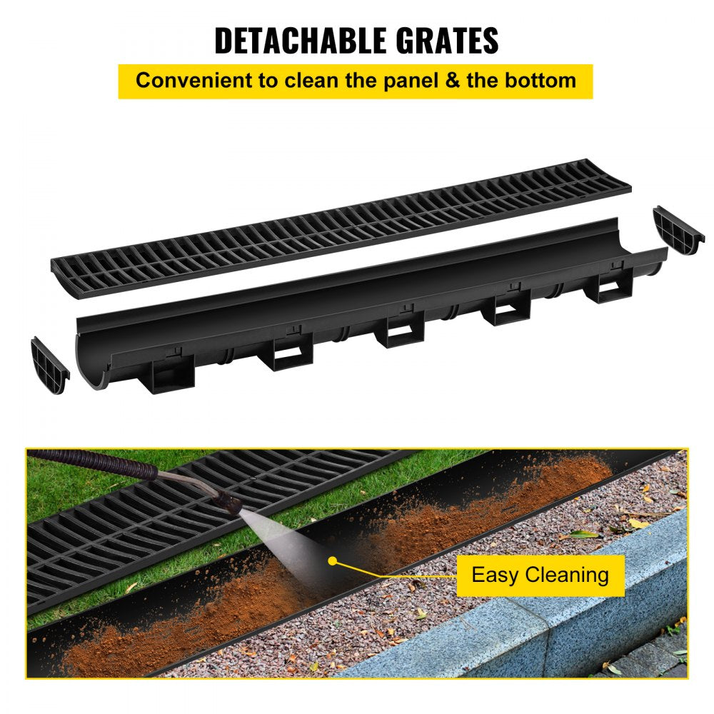 VEVOR Trench Drain System, Channel Drain with Plastic Grate, 5.7x3.1-Inch HDPE Drainage Trench, Black Plastic Garage Floor Drain, 3x39 Trench Drain Grate, with 3 End Caps, for Garden, Driveway-3 Pack