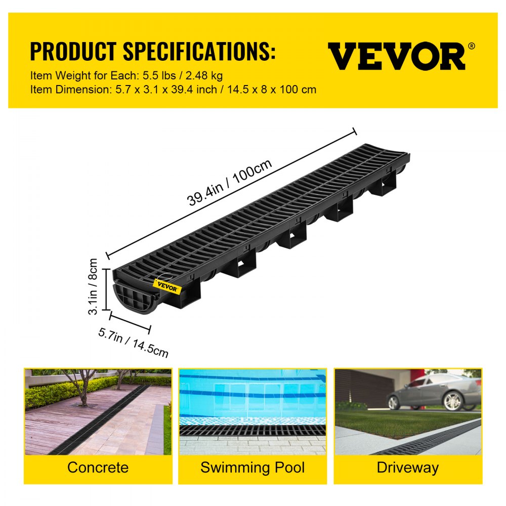 VEVOR Trench Drain System, Channel Drain with Plastic Grate, 5.7x3.1-Inch HDPE Drainage Trench, Black Plastic Garage Floor Drain, 3x39 Trench Drain Grate, with 3 End Caps, for Garden, Driveway-3 Pack