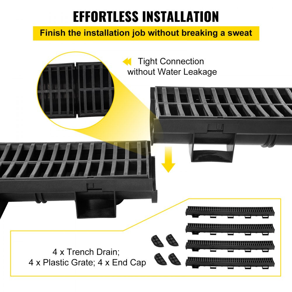 VEVOR Trench Drain System, Channel Drain with Plastic Grate, 5.7x3.1-Inch HDPE Drainage Trench, Black Plastic Garage Floor Drain, 4x39 Trench Drain Grate, with 4 End Caps, for Garden, Driveway-4 Pack