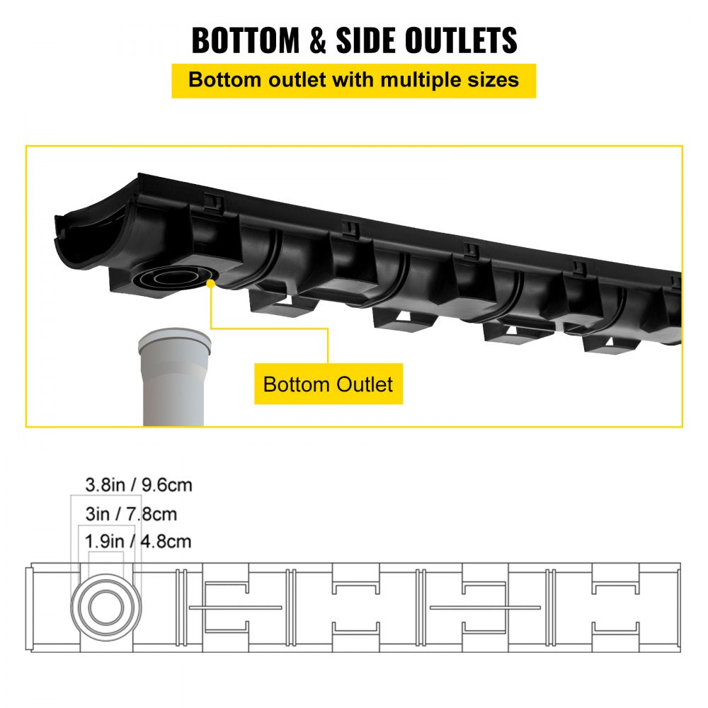 VEVOR Trench Drain System, Channel Drain with Plastic Grate, 5.7x3.1-Inch HDPE Drainage Trench, Black Plastic Garage Floor Drain, 4x39 Trench Drain Grate, with 4 End Caps, for Garden, Driveway-4 Pack