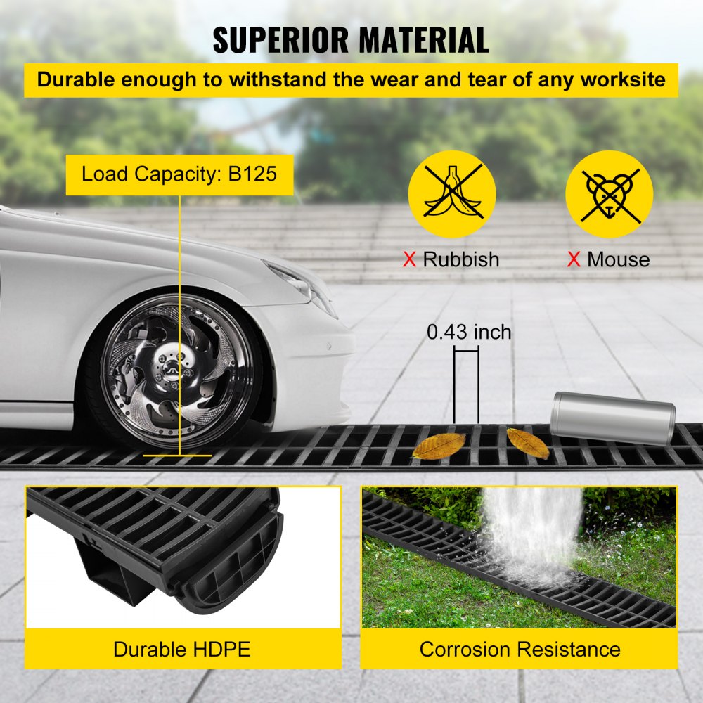 VEVOR Trench Drain System, Channel Drain with Plastic Grate, 5.7x3.1-Inch HDPE Drainage Trench, Black Plastic Garage Floor Drain, 4x39 Trench Drain Grate, with 4 End Caps, for Garden, Driveway-4 Pack