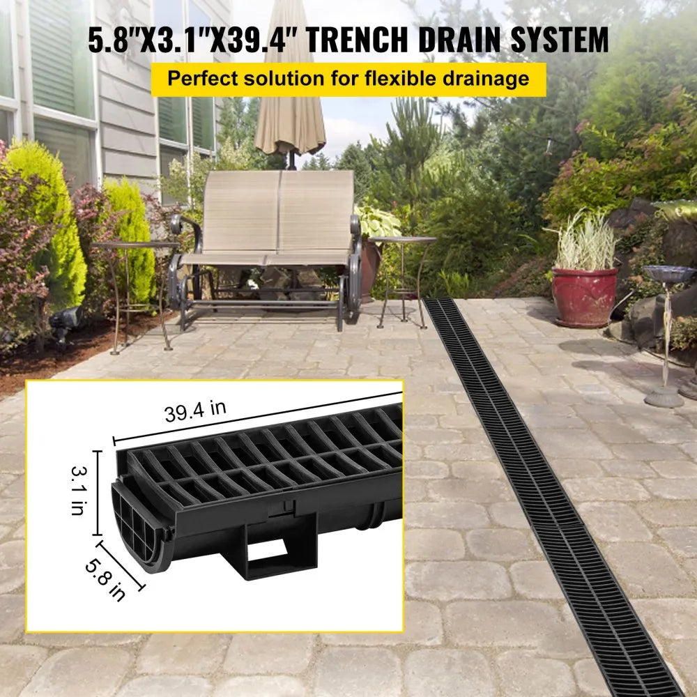 VEVOR Trench Drain System, Channel Drain with Plastic Grate, 5.8x3.1-Inch HDPE Drainage Trench, Black Plastic Garage Floor Drain, 6x39 Trench Drain Grate, with 6 End Caps, for Garden, Driveway-6 Pack