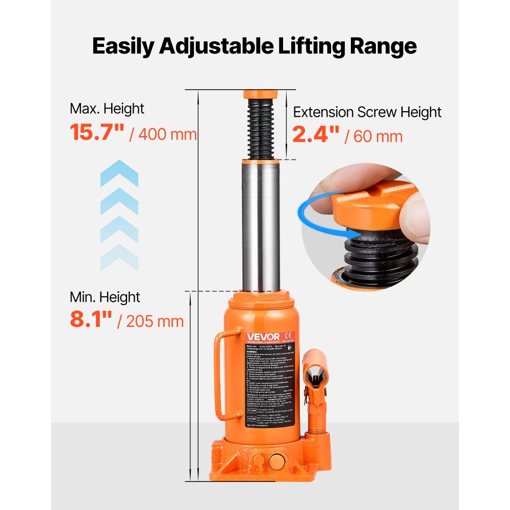 VEVOR Hydraulic Bottle Jack, 12 Ton (26455.5 lbs) Capacity, 8.1-15.7 Inch Lifting Range, Heavy Duty Welded Bottle Jack for Car, SUV, Pickup, Auto Repair, House Lift and Agricultural Equipment, Orange