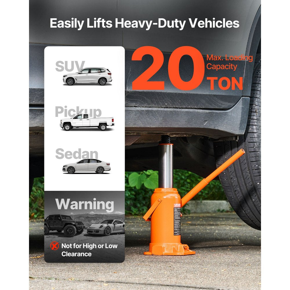 VEVOR Hydraulic Bottle Jack, 20 Ton (44092 lbs) Capacity, 8.9-17.1 Inch Lifting Range, Heavy Duty Welded Bottle Jack for Car, SUV, Pickup, Auto Repair, House Lift and Agricultural Equipment, Orange