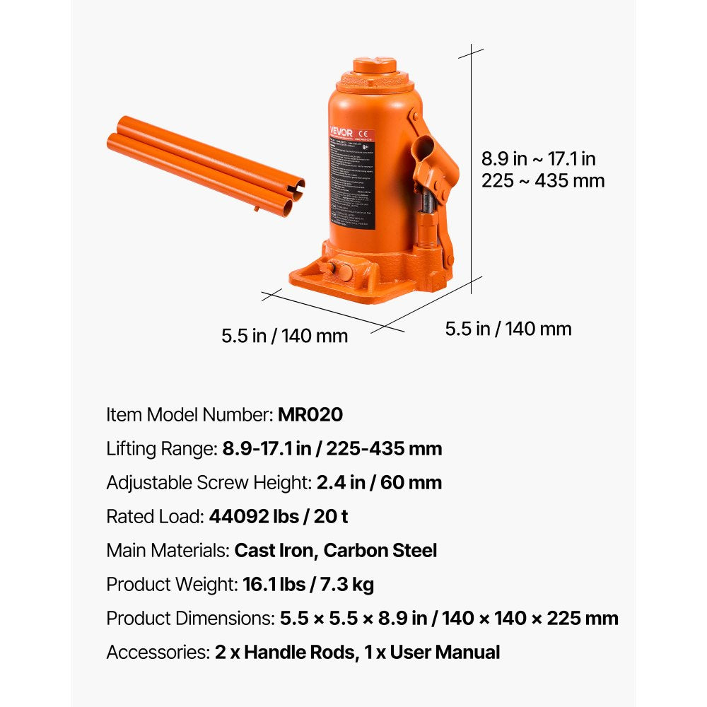 VEVOR Hydraulic Bottle Jack, 20 Ton (44092 lbs) Capacity, 8.9-17.1 Inch Lifting Range, Heavy Duty Welded Bottle Jack for Car, SUV, Pickup, Auto Repair, House Lift and Agricultural Equipment, Orange