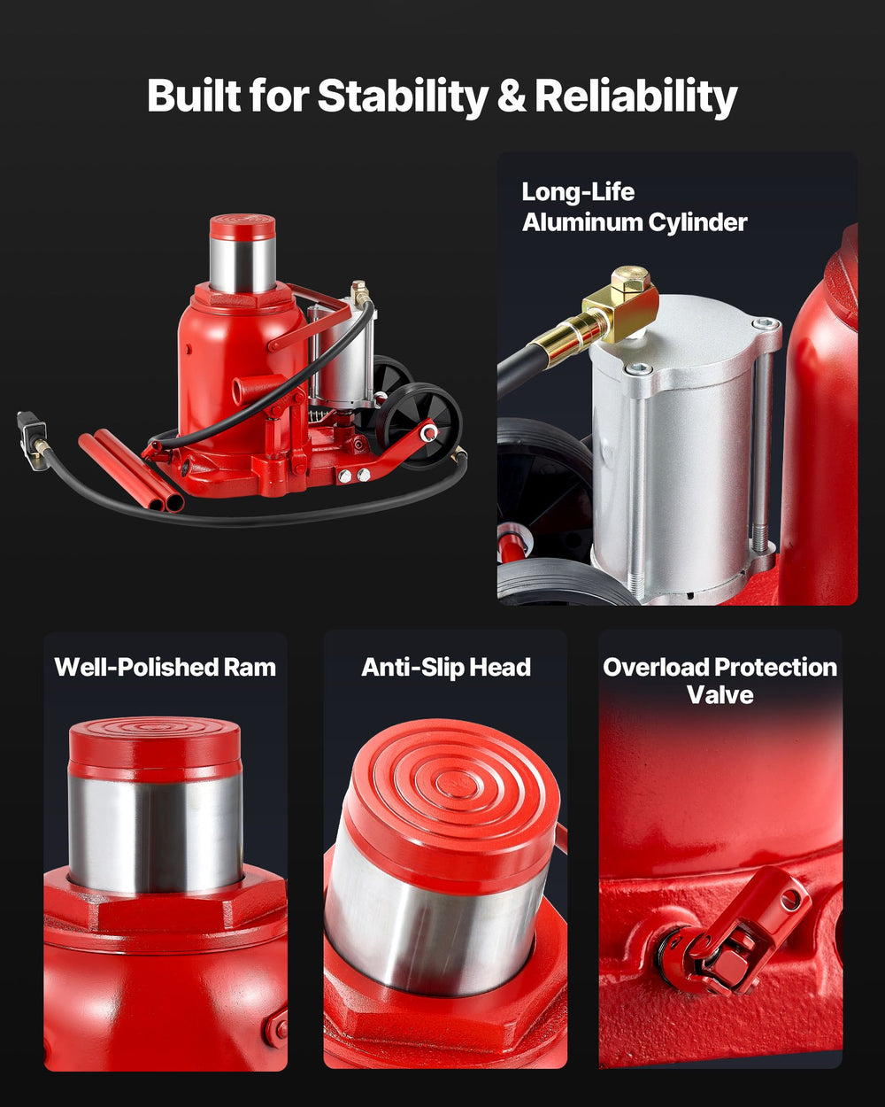 VEVOR Air Hydraulic Bottle Jack, 50 Ton (110231.5 lbs) Capacity, 10.4-16.1 Inch Lifting Range, Pneumatic/Manual Heavy Duty Welded Bottle Jack with Pump for Car, SUV, Pickup, Truck, RV Auto Repair, Red