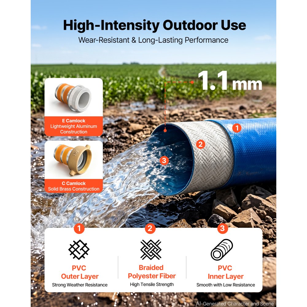 VEVOR Discharge Hose 1-1/2" x 100 ft PVC Lay Flat Backwash Water Pump Hose, for Swimming Pool Sand Filter & Sump Pump, Water Transfer Drainage, Weather & Burst-Resistant, with Pin Lug Fittings, Blue