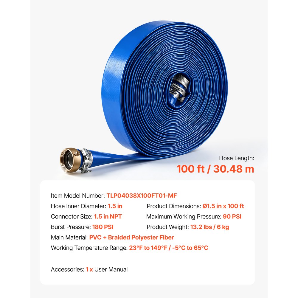 VEVOR Discharge Hose 1-1/2" x 100 ft PVC Lay Flat Backwash Water Pump Hose, for Swimming Pool Sand Filter & Sump Pump, Water Transfer Drainage, Weather & Burst-Resistant, with Pin Lug Fittings, Blue