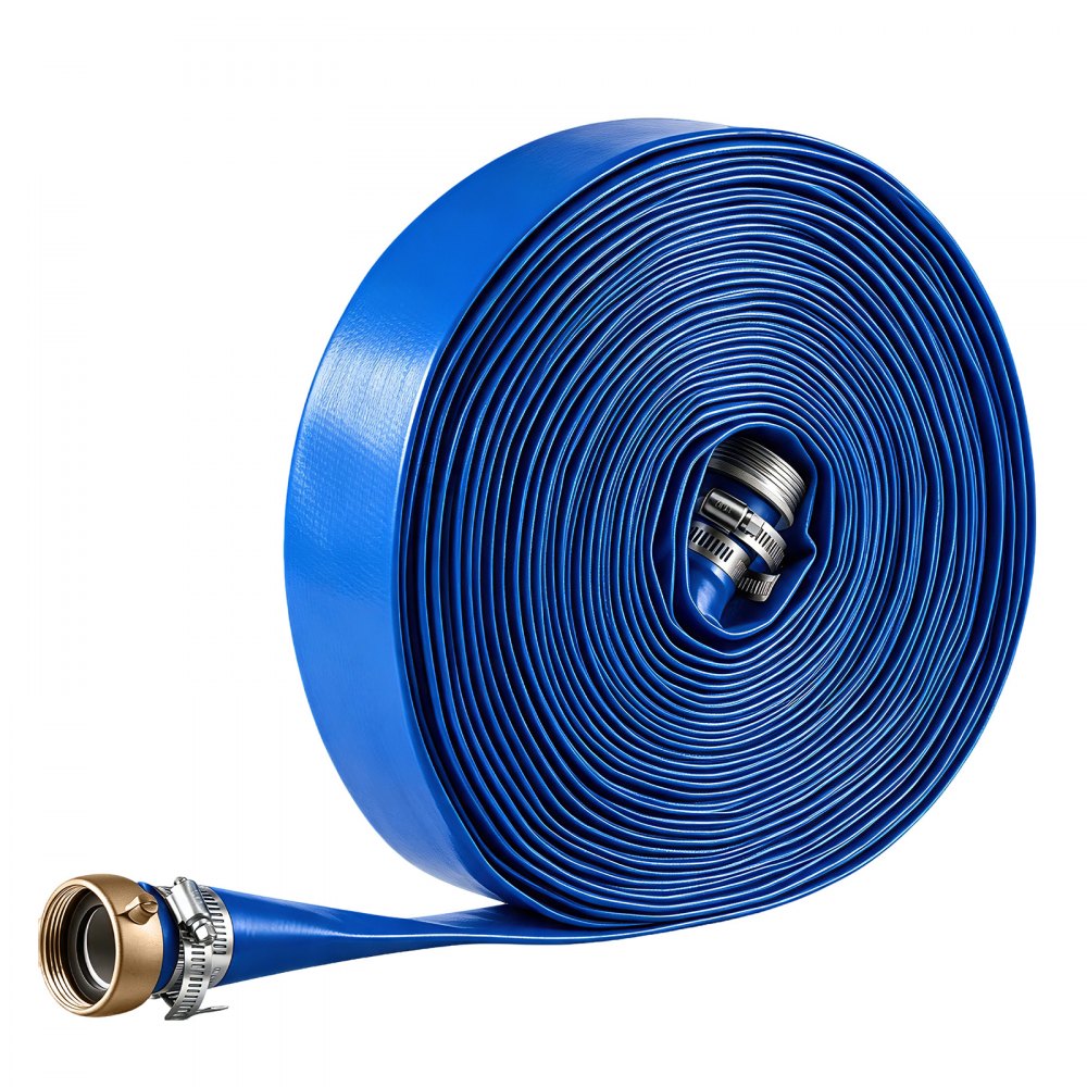 VEVOR Discharge Hose 1-1/2" x 100 ft PVC Lay Flat Backwash Water Pump Hose, for Swimming Pool Sand Filter & Sump Pump, Water Transfer Drainage, Weather & Burst-Resistant, with Pin Lug Fittings, Blue