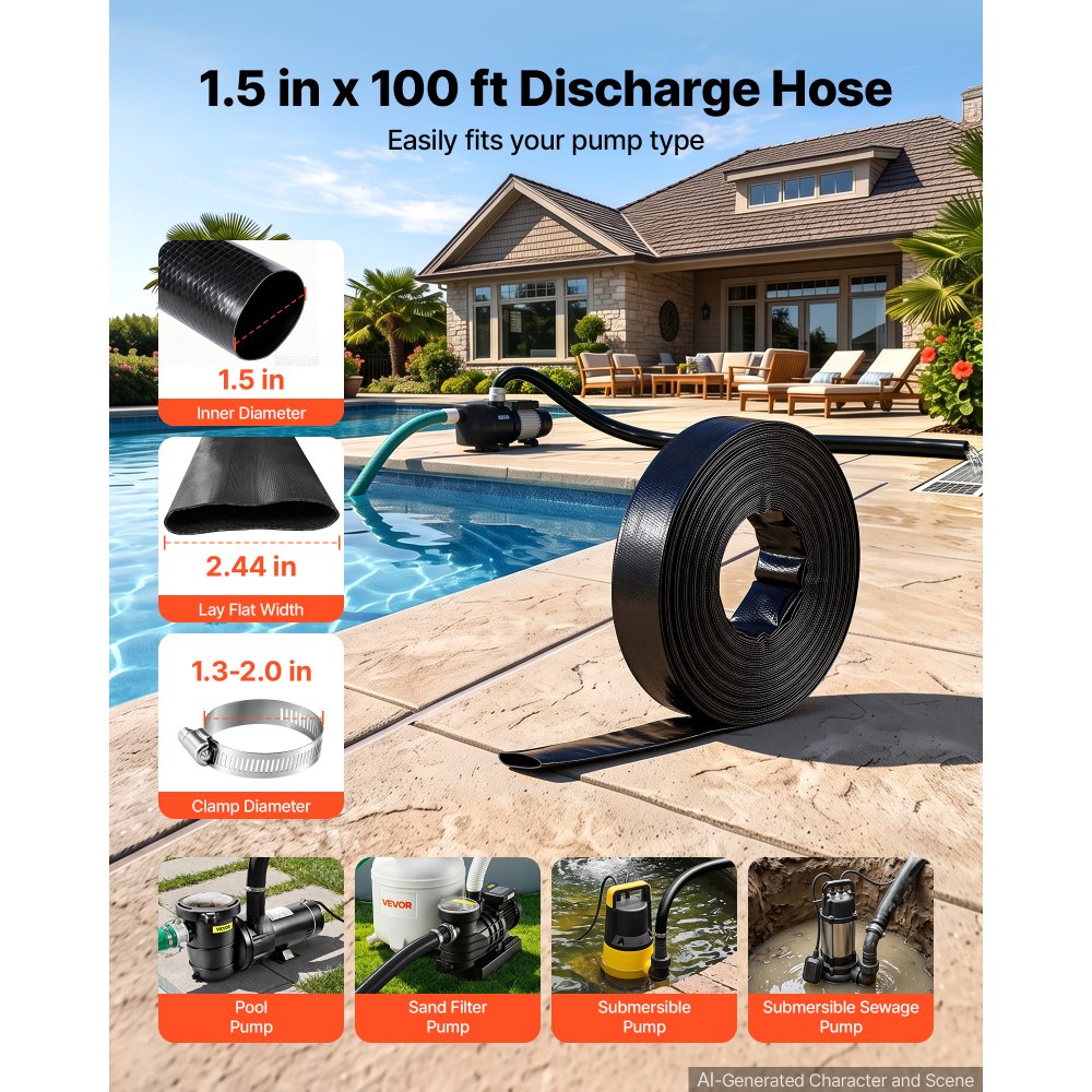 VEVOR Discharge Hose 1-1/2" x 100 ft PVC Lay Flat Backwash Water Pump Hose, for Swimming Pool Sand Filter & Sump Pump, Heavy Duty, Water Transfer Drainage, Weather & Burst-Resistant, with Clamps, Black