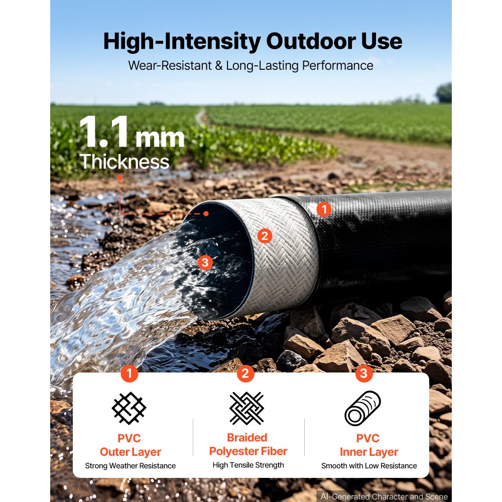 VEVOR Discharge Hose 1-1/2" x 100 ft PVC Lay Flat Backwash Water Pump Hose, for Swimming Pool Sand Filter & Sump Pump, Heavy Duty, Water Transfer Drainage, Weather & Burst-Resistant, with Clamps, Black