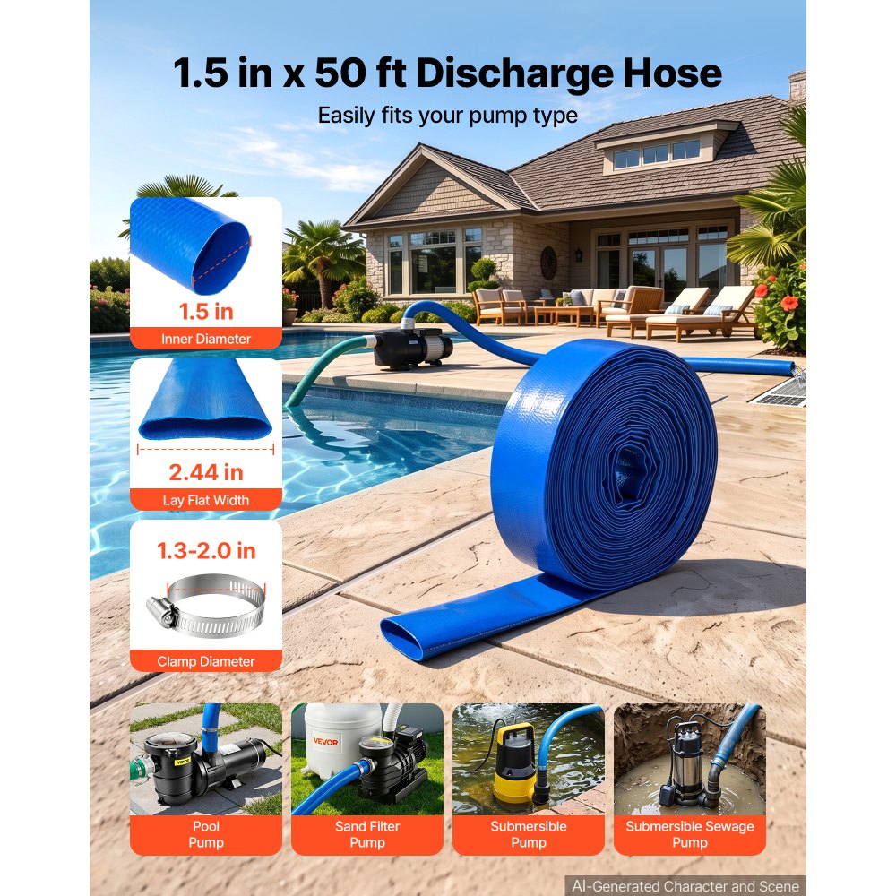 VEVOR Discharge Hose 1-1/2" x 50 ft PVC Lay Flat Backwash Water Pump Hose, for Swimming Pool Sand Filter & Sump Pump, Heavy Duty, Water Transfer Drainage, Weather & Burst-Resistant, with Clamps, Blue