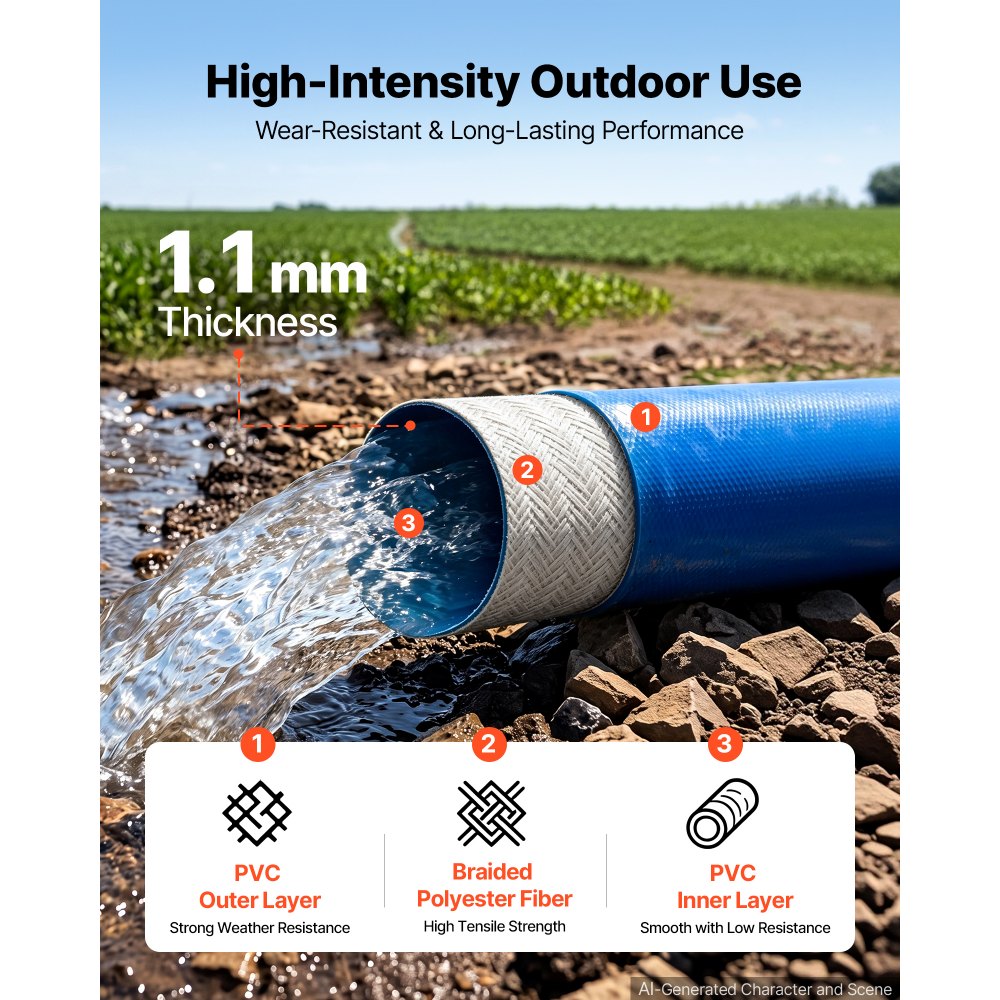 VEVOR Discharge Hose 1-1/2" x 50 ft PVC Lay Flat Backwash Water Pump Hose, for Swimming Pool Sand Filter & Sump Pump, Heavy Duty, Water Transfer Drainage, Weather & Burst-Resistant, with Clamps, Blue