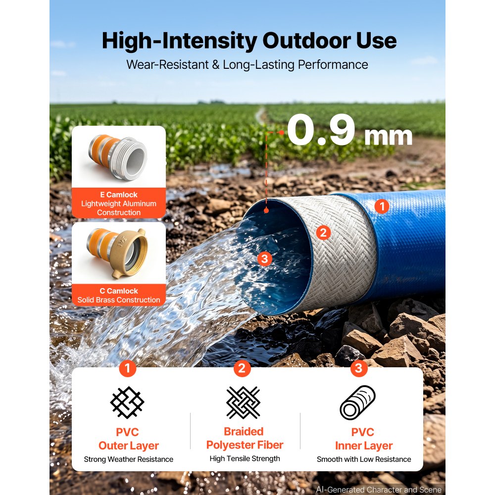 VEVOR Discharge Hose 2" x 100 ft PVC Lay Flat Backwash Water Pump Hose, for Swimming Pool Sand Filter & Sump Pump, Water Transfer Drainage, Weather & Burst-Resistant, with Pin Lug Fittings, Blue