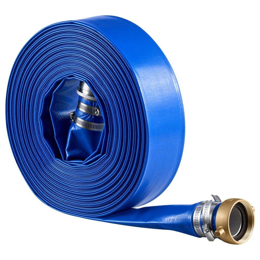 VEVOR Discharge Hose 2" x 100 ft PVC Lay Flat Backwash Water Pump Hose, for Swimming Pool Sand Filter & Sump Pump, Water Transfer Drainage, Weather & Burst-Resistant, with Pin Lug Fittings, Blue