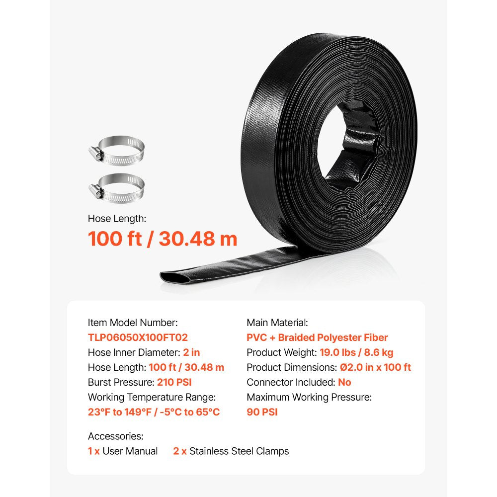 VEVOR Discharge Hose 2" x 100 ft PVC Lay Flat Backwash Water Pump Hose, for Swimming Pool Sand Filter & Sump Pump, Heavy Duty, Water Transfer Drainage, Weather & Burst-Resistant, with Clamps, Black
