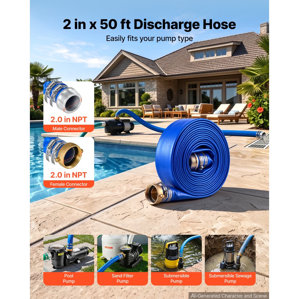 VEVOR Discharge Hose 2" x 50 ft PVC Lay Flat Backwash Water Pump Pool Hose, for Swimming Pool Sand Filter & Sump Pump, Water Transfer Drainage, Weather & Burst-Resistant, with Pin Lug Fittings, Blue