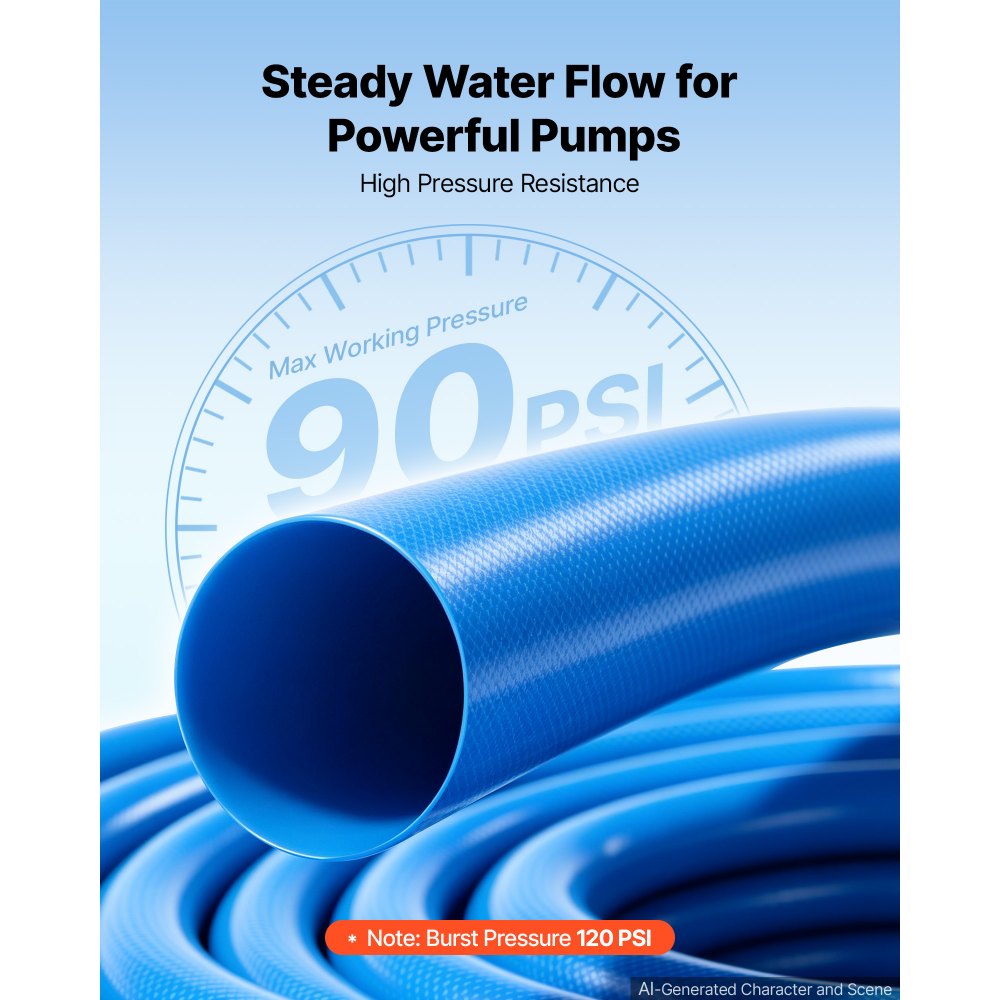 VEVOR Discharge Hose 2" x 50 ft PVC Lay Flat Backwash Water Pump Pool Hose, for Swimming Pool Sand Filter & Sump Pump, Water Transfer Drainage, Weather & Burst-Resistant, with Pin Lug Fittings, Blue