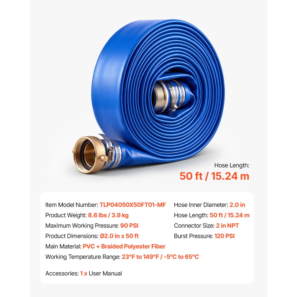 VEVOR Discharge Hose 2" x 50 ft PVC Lay Flat Backwash Water Pump Pool Hose, for Swimming Pool Sand Filter & Sump Pump, Water Transfer Drainage, Weather & Burst-Resistant, with Pin Lug Fittings, Blue