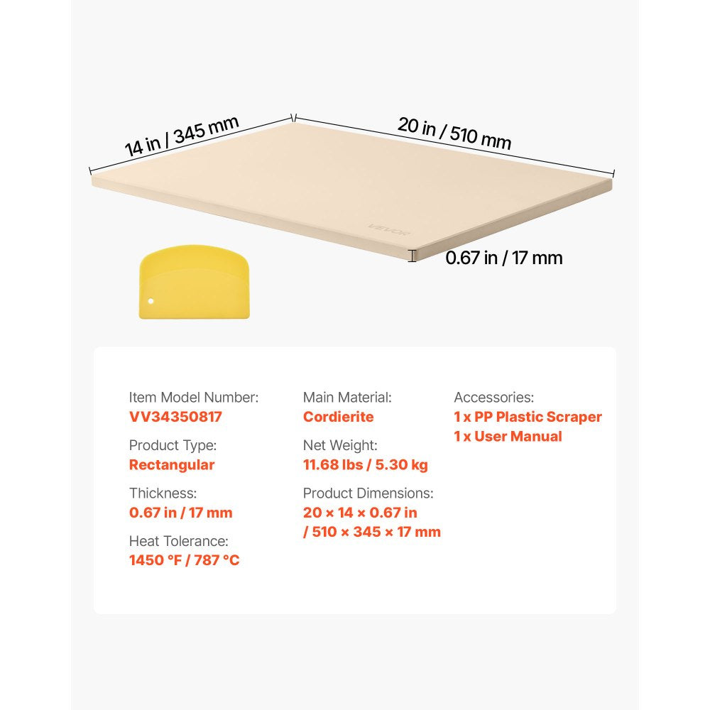 VEVOR Pizza Stone, 20 x 14 x 0.67 in Rectangular Pizza Stone, Extra Large Baking-Stone with Scraper, 1450℉ Heat-Resistant Cordierite, for Oven, BBQ Griller, Baking Bread & Pizza