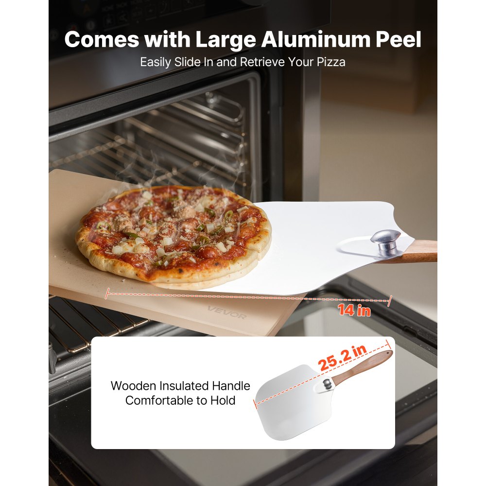 VEVOR Pizza Stone, 20 x 14 x 0.6 in Rectangular Cordierite Pizza Stone, 1450℉ Heat-Resistant Cook Stone, Extra Large Baking-Stone with Metal Peel, Scraper, for Kitchen Bake Oven, BBQ Grill