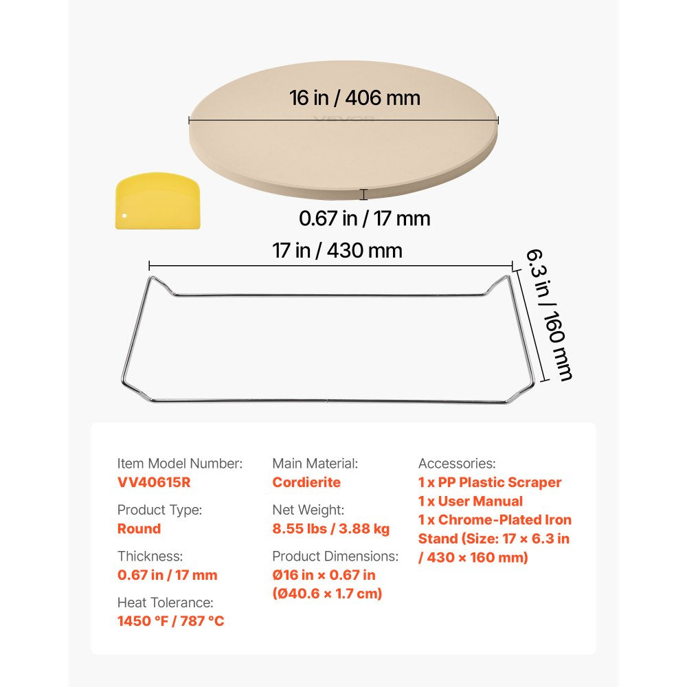 VEVOR Pizza Stone, 16 in Round Pizza Stone, 0.67" Thick Extra Large Baking-Stone with Rack Stand, 1450℉ Heat-Resistant Cooking Stones, for Kitchen Oven, Baking Pizzas, BBQ Grill