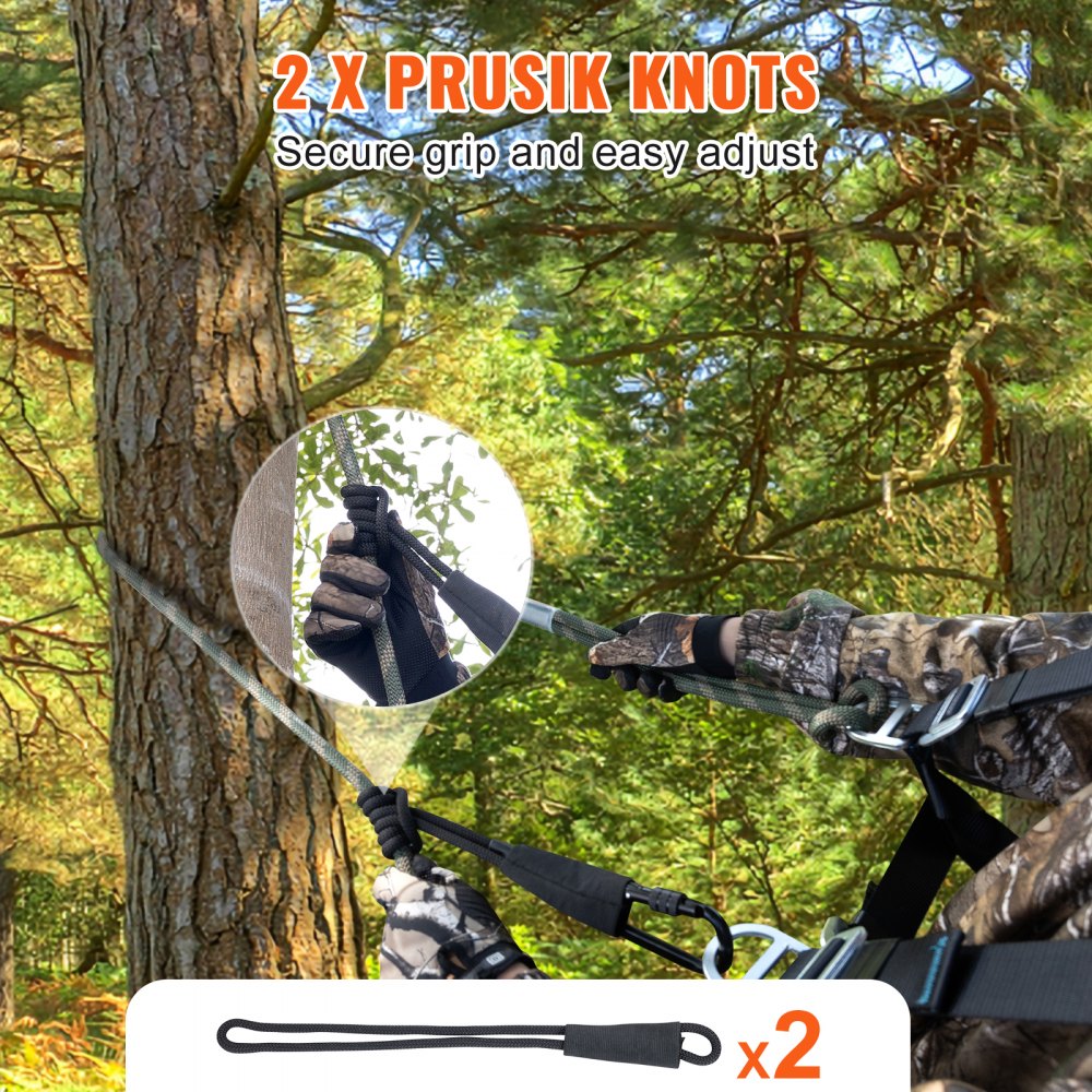 VEVOR Tree Stand Safety Rope, 30 ft/91.44 m Treestand Lifeline Rope 30KN Breaking Tension, 0.6'' Hunting Safety Line with Prusik Knot, 2pcs Carabiner and Silencer, for Treestrap and Climbing