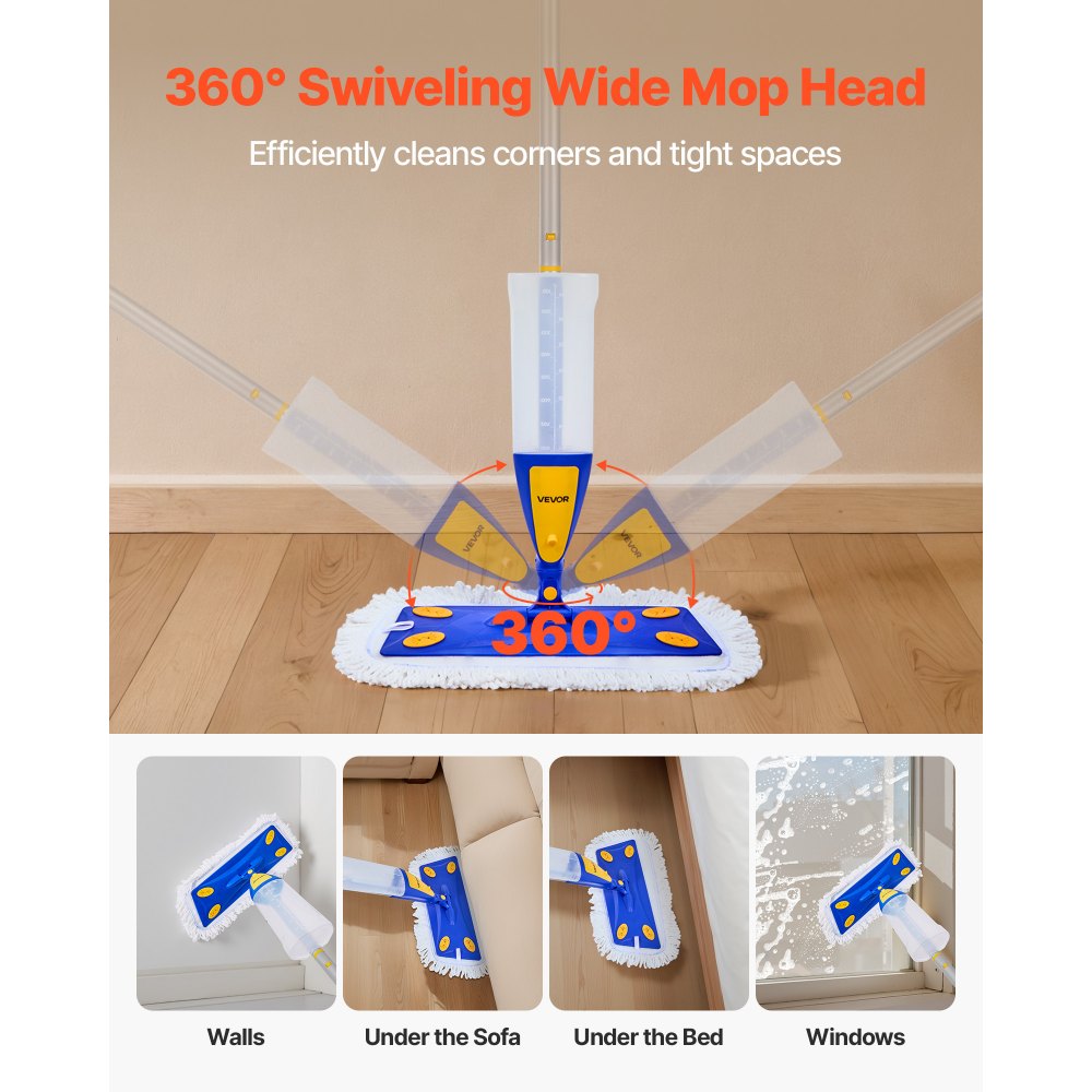 VEVOR Spray Mop, with 3 Washable Pads for Dry and Wet Floor Cleaning and a 27oz Refillable Water Tank, Microfiber Dust Wet Mop & Twisted Cotton Dry Mop, Commercial Home Use for Tiles/Vinyl/Wood Floor